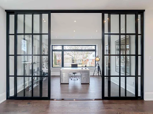 4-Door-Room-Divider-Home-Office-Black-Frame-Clear-Glass-Continental-Design-Double-Track